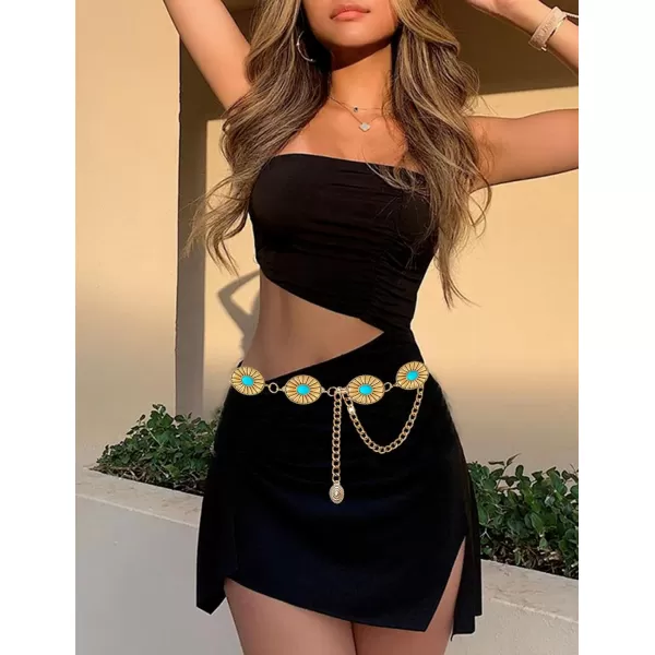 TOPACC Metal Concho Belts for Women Western Cowgirl Turquoise Boho Chain Belts for Dress Jeans7gold