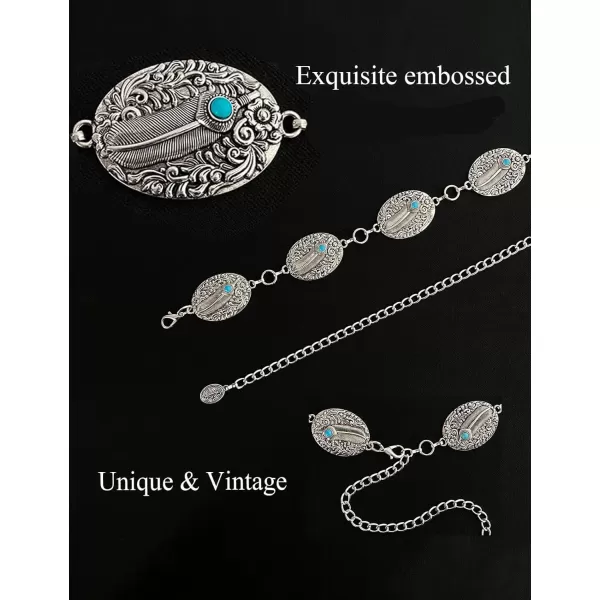 TOPACC Metal Concho Belts for Women Western Cowgirl Turquoise Boho Chain Belts for Dress Jeans8silver