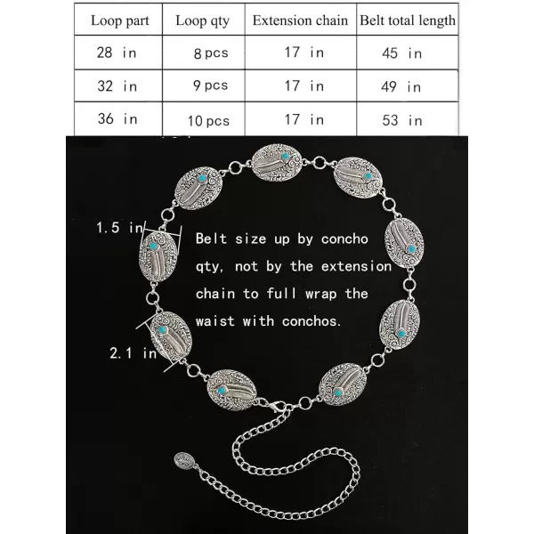 TOPACC Metal Concho Belts for Women Western Cowgirl Turquoise Boho Chain Belts for Dress Jeans8silver