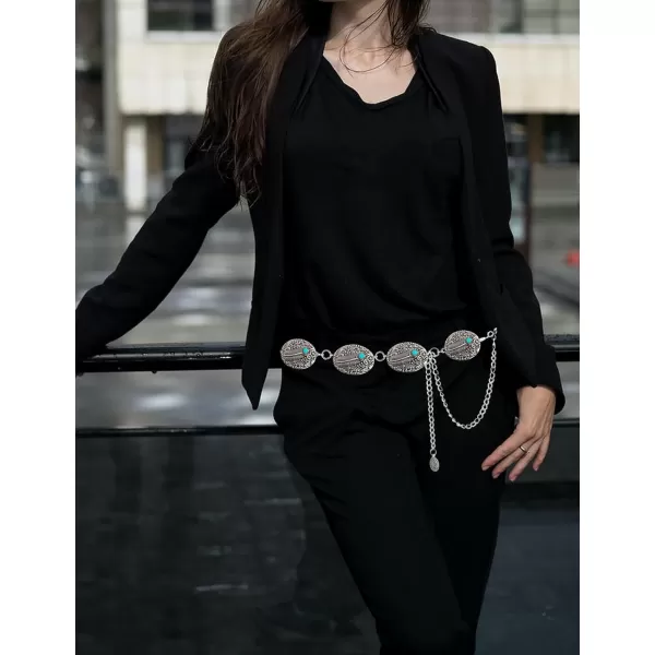 TOPACC Metal Concho Belts for Women Western Cowgirl Turquoise Boho Chain Belts for Dress Jeans8silver