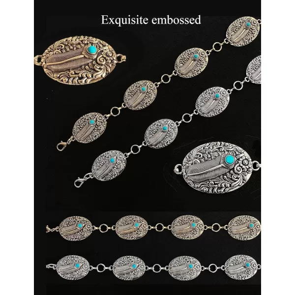 TOPACC Metal Concho Belts for Women Western Cowgirl Turquoise Boho Chain Belts for Dress Jeans8silver