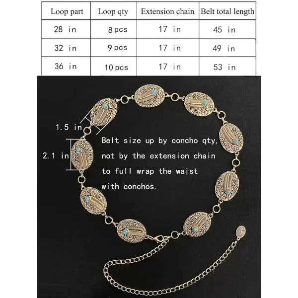 TOPACC Metal Concho Belts for Women Western Cowgirl Turquoise Boho Chain Belts for Dress Jeans9gold