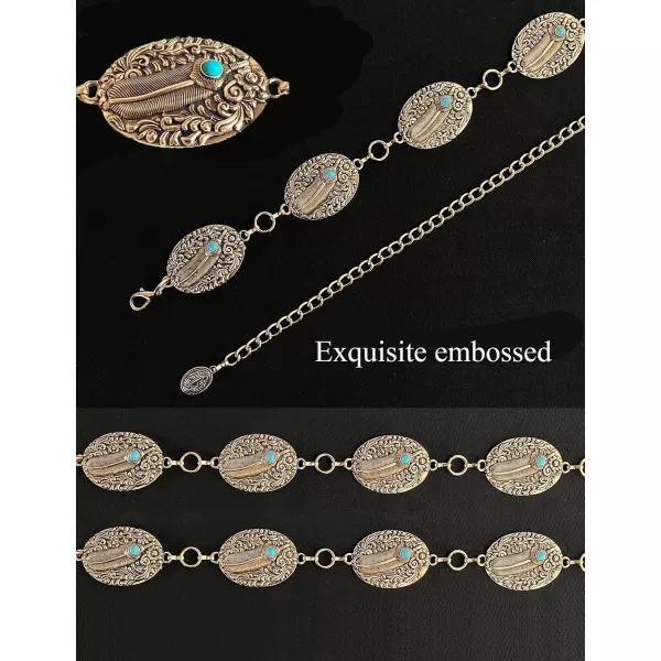 TOPACC Metal Concho Belts for Women Western Cowgirl Turquoise Boho Chain Belts for Dress Jeans9gold