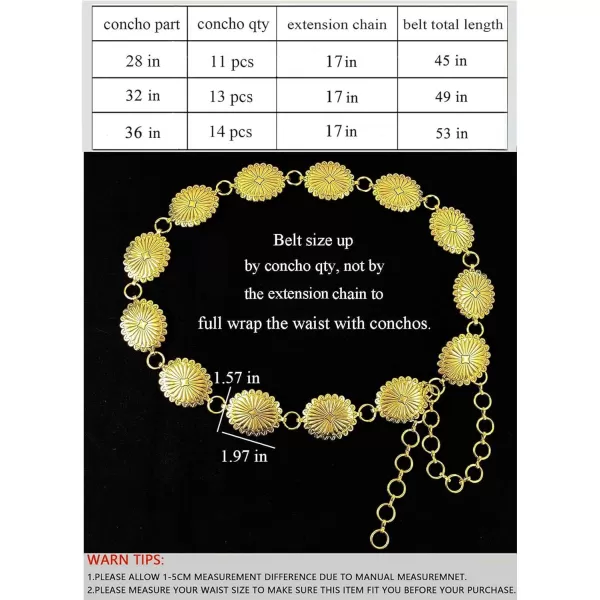 TOPACC Western Metal Concho Belt for Women Cowgirl Chain Belts for Dresses Jeans Country Concert OutfitGold67