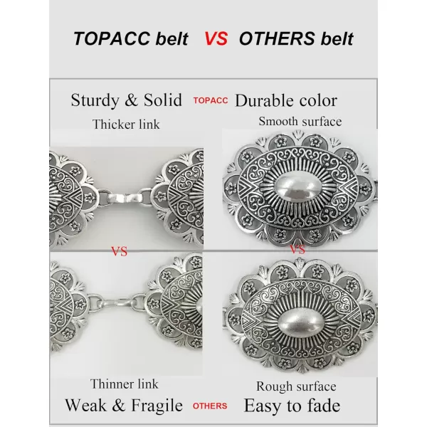 TOPACC Western Metal Concho Belt for Women Cowgirl Chain Belts for Dresses Jeans Country Concert OutfitSilver62