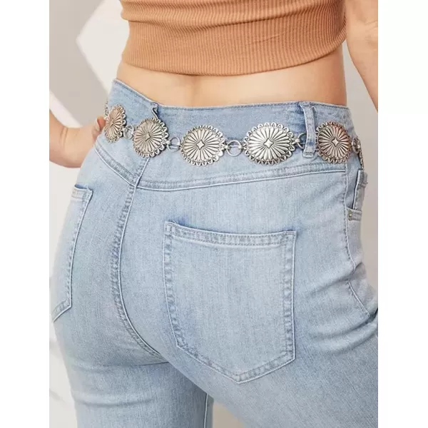 TOPACC Western Metal Concho Belt for Women Cowgirl Chain Belts for Dresses Jeans Country Concert OutfitSilver66