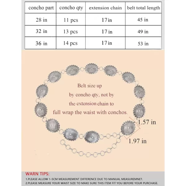 TOPACC Western Metal Concho Belt for Women Cowgirl Chain Belts for Dresses Jeans Country Concert OutfitSilver66