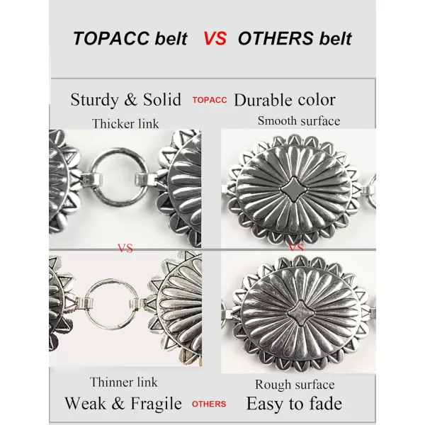 TOPACC Western Metal Concho Belt for Women Cowgirl Chain Belts for Dresses Jeans Country Concert OutfitSilver66