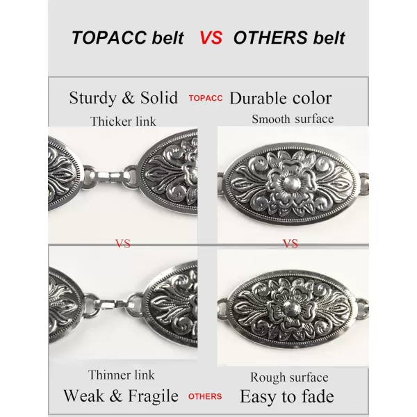 TOPACC Western Metal Concho Belt for Women Cowgirl Chain Belts for Dresses Jeans Country Concert OutfitSilver70