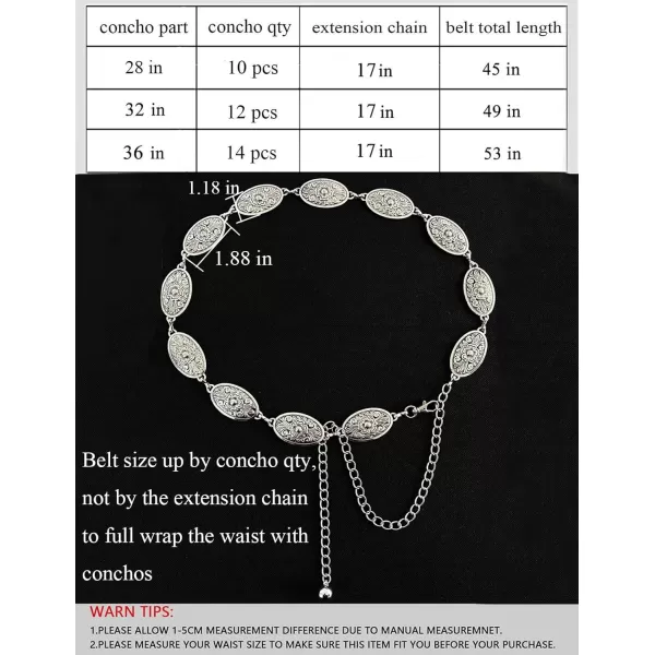 TOPACC Western Metal Concho Belt for Women Cowgirl Chain Belts for Dresses Jeans Country Concert OutfitSilver70