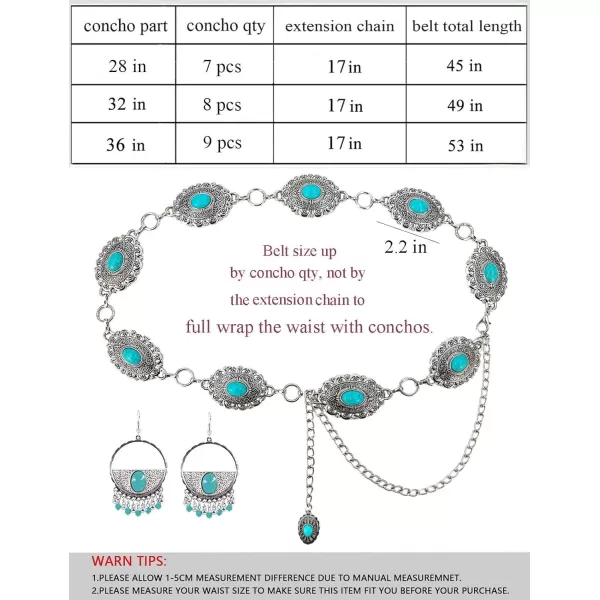 TOPACC Western Metal Concho Belt for Women Cowgirl Chain Belts for Dresses Jeans Country Concert OutfitTurquoise61