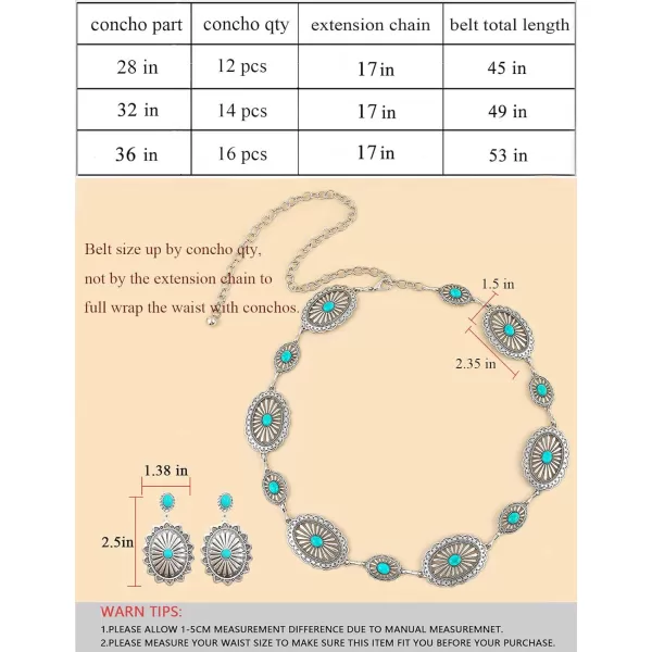 TOPACC Western Metal Concho Belt for Women Cowgirl Chain Belts for Dresses Jeans Country Concert OutfitTurquoise65