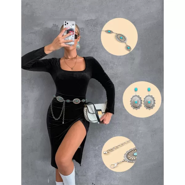 TOPACC Western Metal Concho Belt for Women Cowgirl Chain Belts for Dresses Jeans Country Concert OutfitTurquoise65