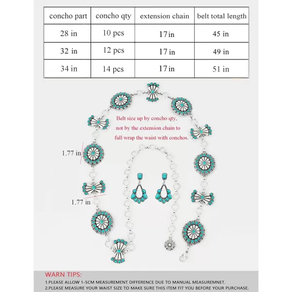 TOPACC Western Metal Concho Belt for Women Cowgirl Chain Belts for Dresses Jeans Country Concert OutfitTurquoise86