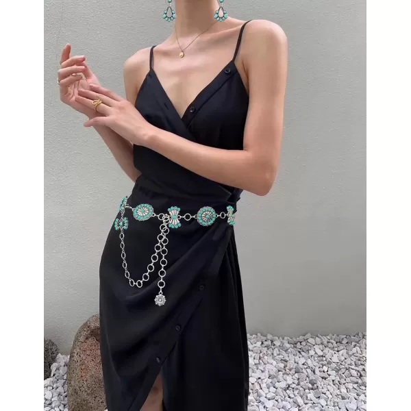TOPACC Western Metal Concho Belt for Women Cowgirl Chain Belts for Dresses Jeans Country Concert OutfitTurquoise86