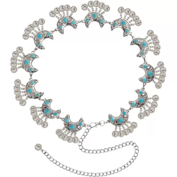 TOPACC Metal Concho Belts for Women Western Cowgirl Turquoise Boho Chain Belts for Dress Jeans10silver