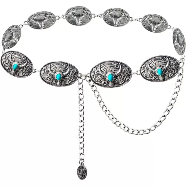 TOPACC Metal Concho Belts for Women Western Cowgirl Turquoise Boho Chain Belts for Dress Jeans4silver