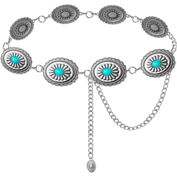TOPACC Metal Concho Belts for Women Western Cowgirl Turquoise Boho Chain Belts for Dress Jeans6silver