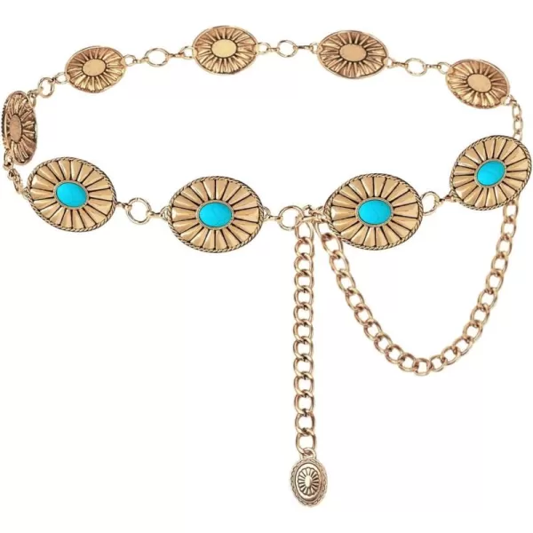 TOPACC Metal Concho Belts for Women Western Cowgirl Turquoise Boho Chain Belts for Dress Jeans7gold