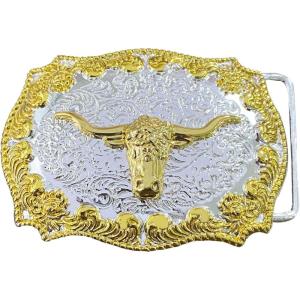 imageTOPACC Western Belt Buckle for Men Women Cowboy Cowgirl Rodeo Longhorn Buckle 15 Inches Novelty Belt BuckleGolden