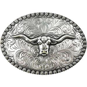 imageTOPACC Western Belt Buckle for Men Women Cowboy Cowgirl Rodeo Longhorn Buckle 15 Inches Novelty Belt BuckleSilver
