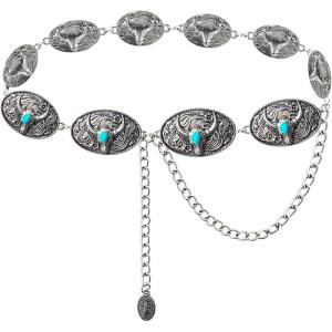 imageTOPACC Cowgirl Belts for Women Western Chain Belt Metal Concho Belt for Dresses Jeans Country Concert OutfitTurquoise
