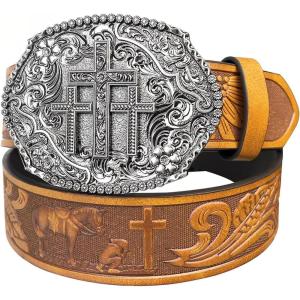 imageTOPACC Cowboy Belts for Men Women with Western Cross Buckle Cowgirl Country Belt for Jeans PantsA Brown