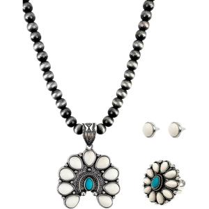 imageTOPACC Navajo Pearl Necklace Western Jewelry Set for Women Turquoise Necklace with Earrings Ring Cowgirl AccessoryATurquoise