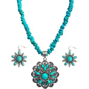 imageTOPACC Navajo Pearl Necklace Western Jewelry Set for Women Turquoise Necklace with Earrings Ring Cowgirl AccessoryBTurquoise
