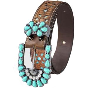 imageTOPACC Western Belts for Women Men Cowgirl Cowboy Country Belts with Buckles for Jeans Pants RodeoDturquoise