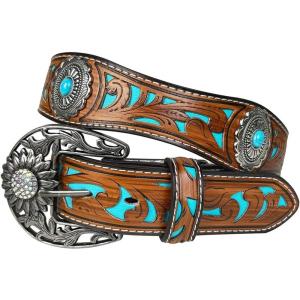 imageTOPACC Western Belts for Women Men Cowgirl Cowboy Country Belts with Buckles for Jeans Pants RodeoJturquoise