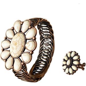 imageTOPACC Turquoise Cuff Bracelet for Women with Turquoise Ring Western Cowgirl Bracelet Bohemian Jewelry Set for Western OutfitBWhite Bronze