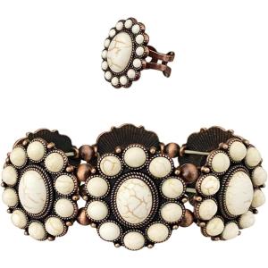 imageTOPACC White Turquoise Bracelets with Ring Western Cowgirl Stretch Bracelet for Women Boho Jewelry Set for Western OutfitAWhite Bronze