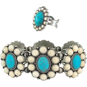 imageTOPACC White Turquoise Bracelets with Ring Western Cowgirl Stretch Bracelet for Women Boho Jewelry Set for Western OutfitAWhite Turquoise Silver
