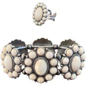 imageTOPACC White Turquoise Bracelets with Ring Western Cowgirl Stretch Bracelet for Women Boho Jewelry Set for Western OutfitAWithe Silver