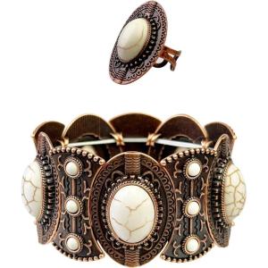 imageTOPACC White Turquoise Bracelets with Ring Western Cowgirl Stretch Bracelet for Women Boho Jewelry Set for Western OutfitBWhite Bronze