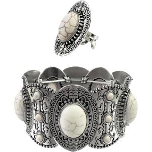 imageTOPACC White Turquoise Bracelets with Ring Western Cowgirl Stretch Bracelet for Women Boho Jewelry Set for Western OutfitBWhite Silver