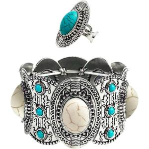 imageTOPACC White Turquoise Bracelets with Ring Western Cowgirl Stretch Bracelet for Women Boho Jewelry Set for Western OutfitBWhite Turquoise Silver