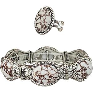 imageTOPACC White Turquoise Bracelets with Ring Western Cowgirl Stretch Bracelet for Women Boho Jewelry Set for Western OutfitCWhite Silver