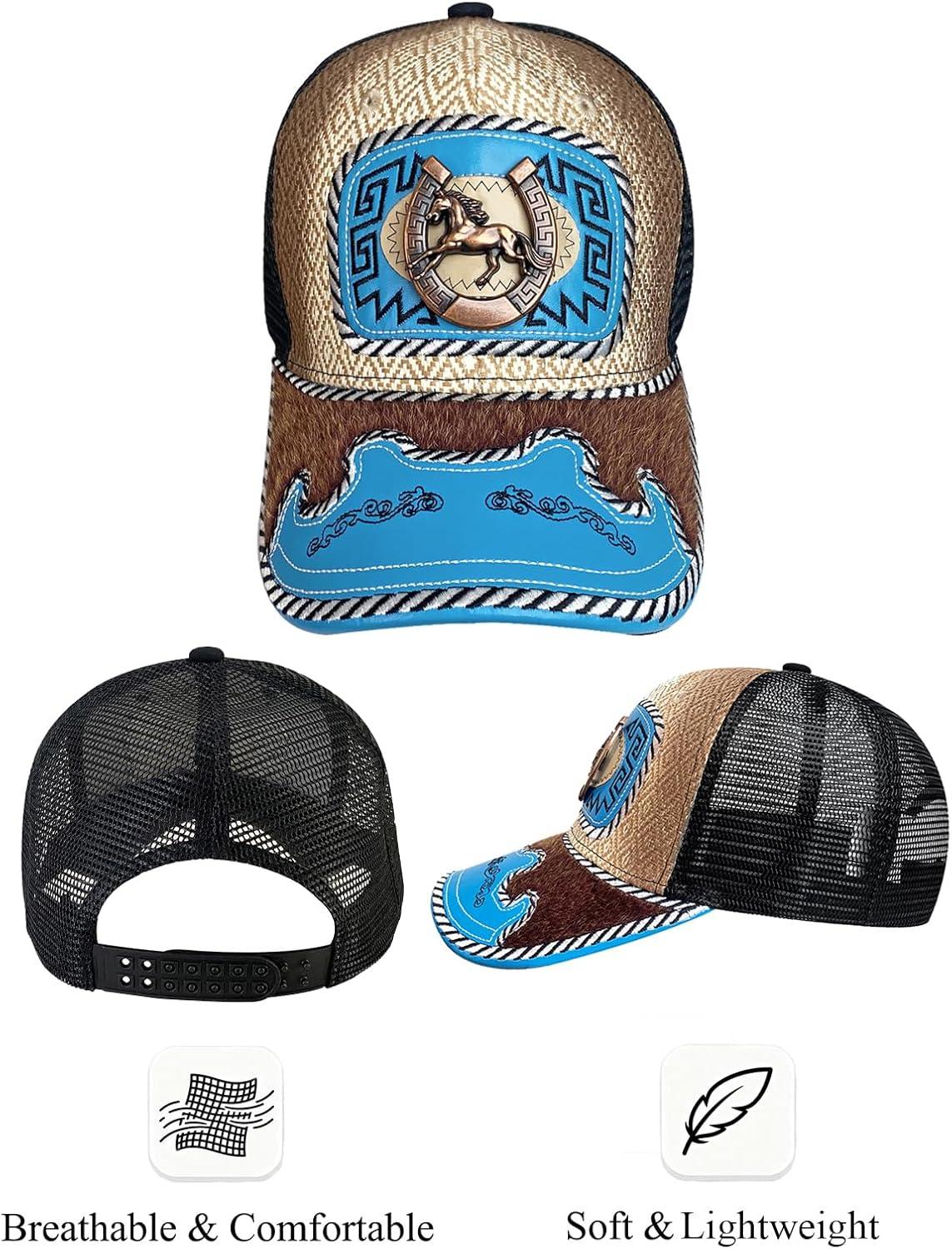 imageTOPACC Western Cowboy Trucker Hat for Women Horse Vintage Western Country Hats Baseball Cap for Cowgirl OutfitA Blue