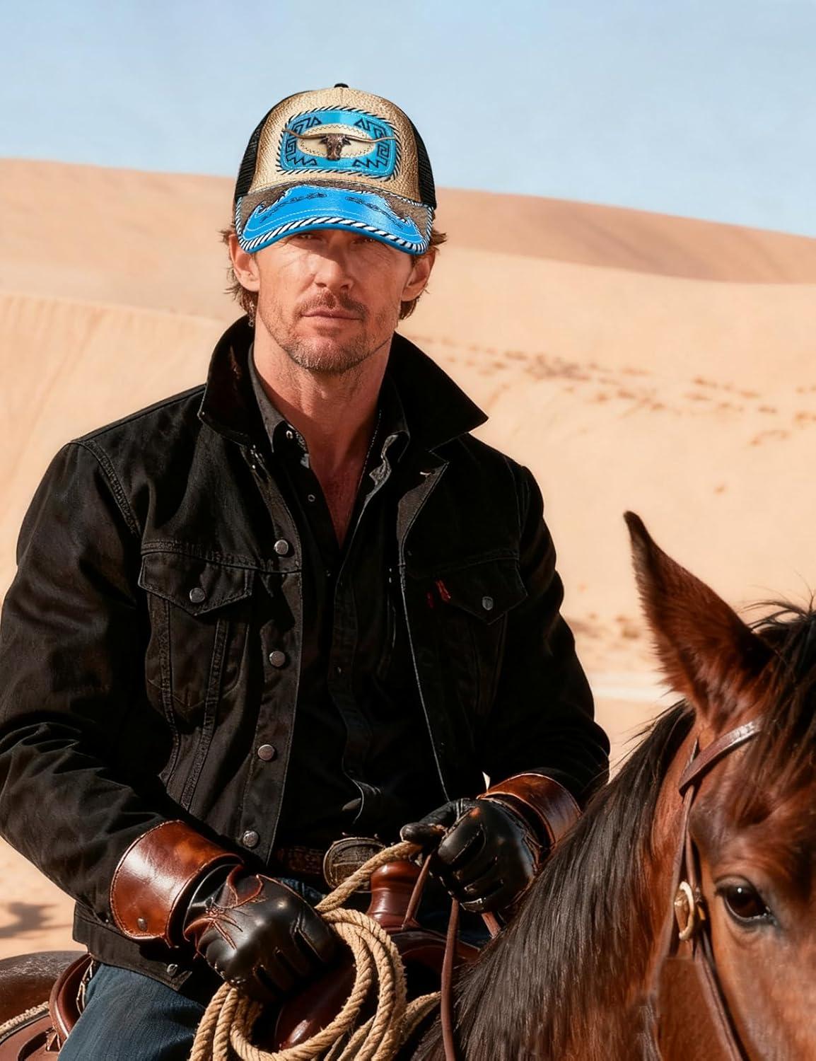 imageTOPACC Western Cowboy Trucker Hat for Women Horse Vintage Western Country Hats Baseball Cap for Cowgirl OutfitB Blue