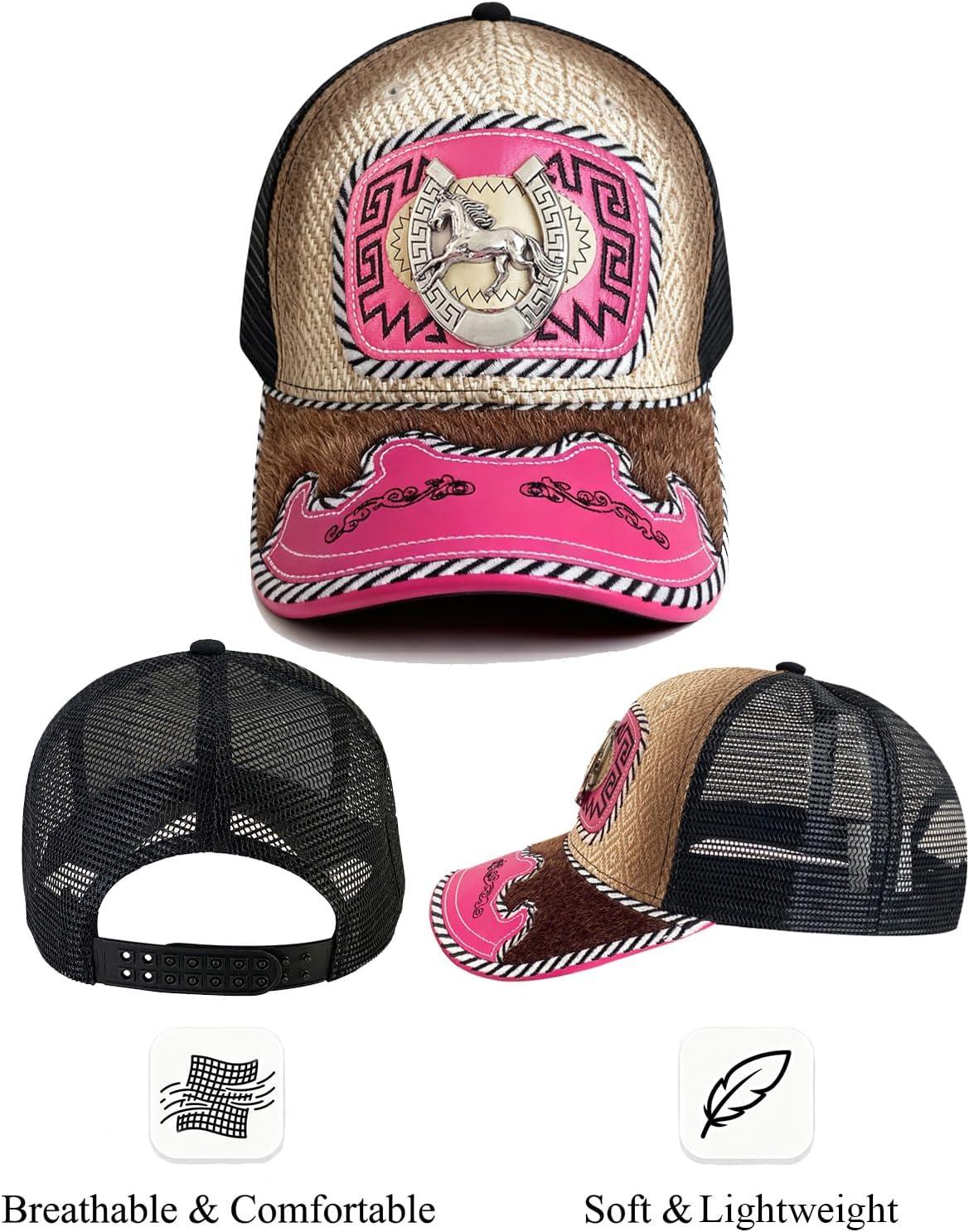 imageTOPACC Western Cowboy Trucker Hat for Women Horse Vintage Western Country Hats Baseball Cap for Cowgirl OutfitC Pink