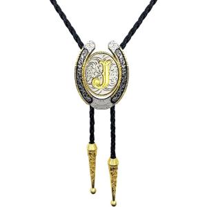imageTOPACC Native American Bolo Tie for Men Women Gold Western Bolo Tie Initial Letter A To Z Vintage Cowboy NecklaceJ