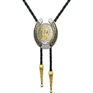 imageTOPACC Native American Bolo Tie for Men Women Gold Western Bolo Tie Initial Letter A To Z Vintage Cowboy NecklaceR