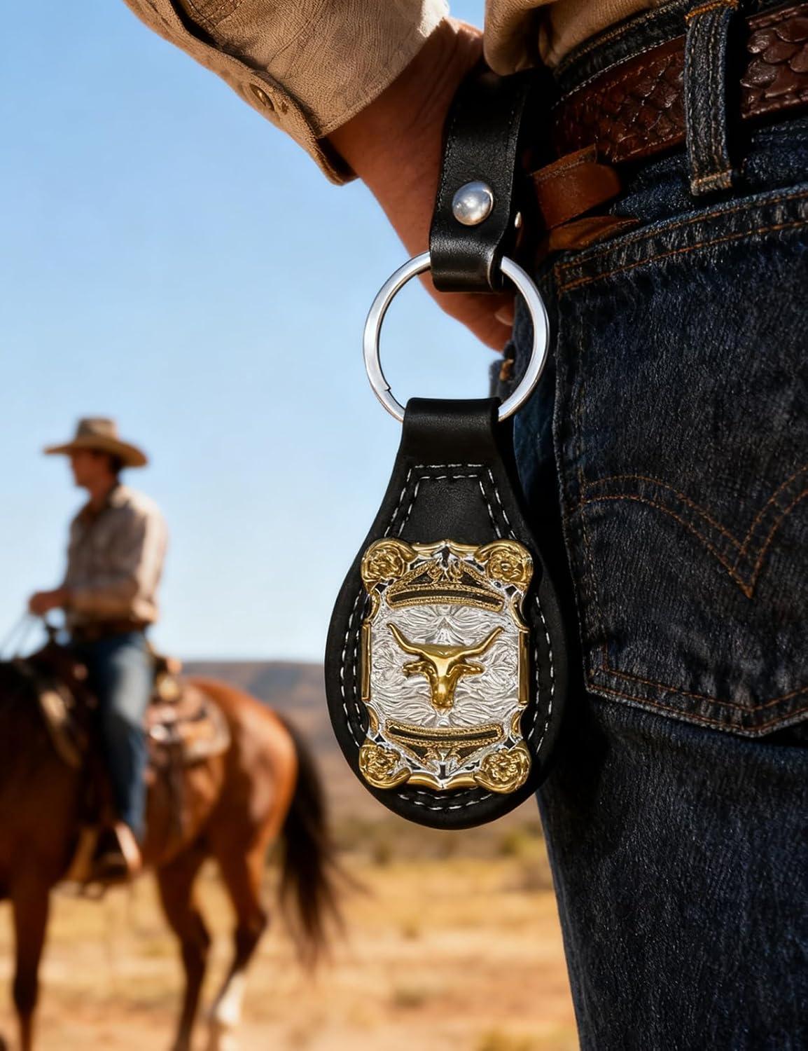 imageTOPACC Western Leather Keychain for Men Women Bag Charms Vintage Cowboy Key Rings for Western AccessoriesA Black