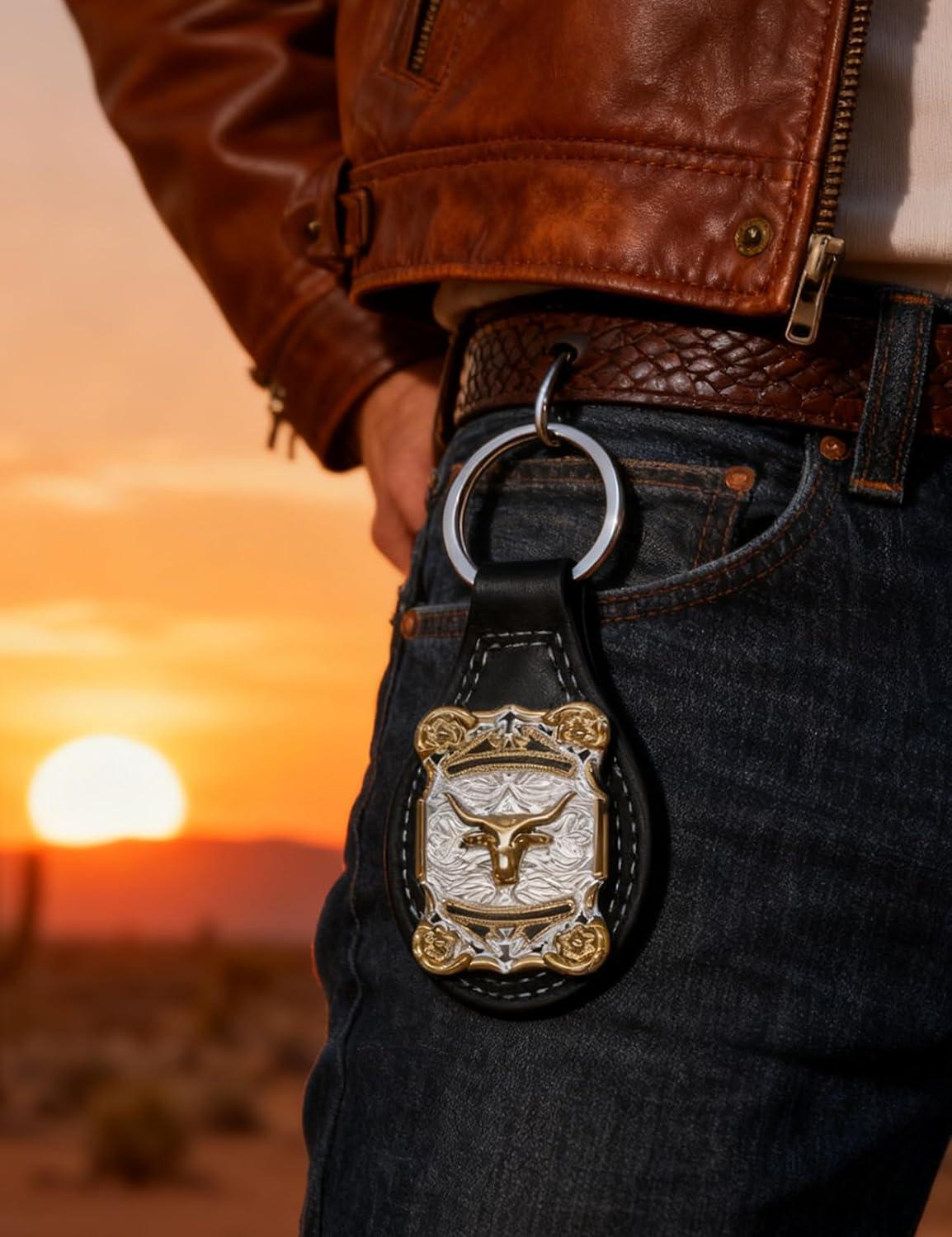 imageTOPACC Western Leather Keychain for Men Women Bag Charms Vintage Cowboy Key Rings for Western AccessoriesA Black