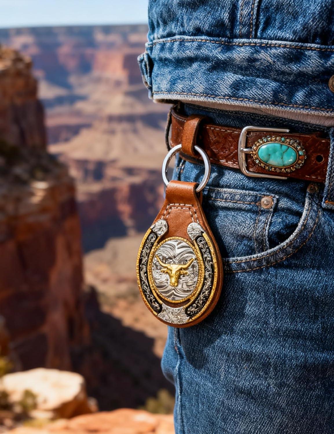 imageTOPACC Western Leather Keychain for Men Women Bag Charms Vintage Cowboy Key Rings for Western AccessoriesB Brown