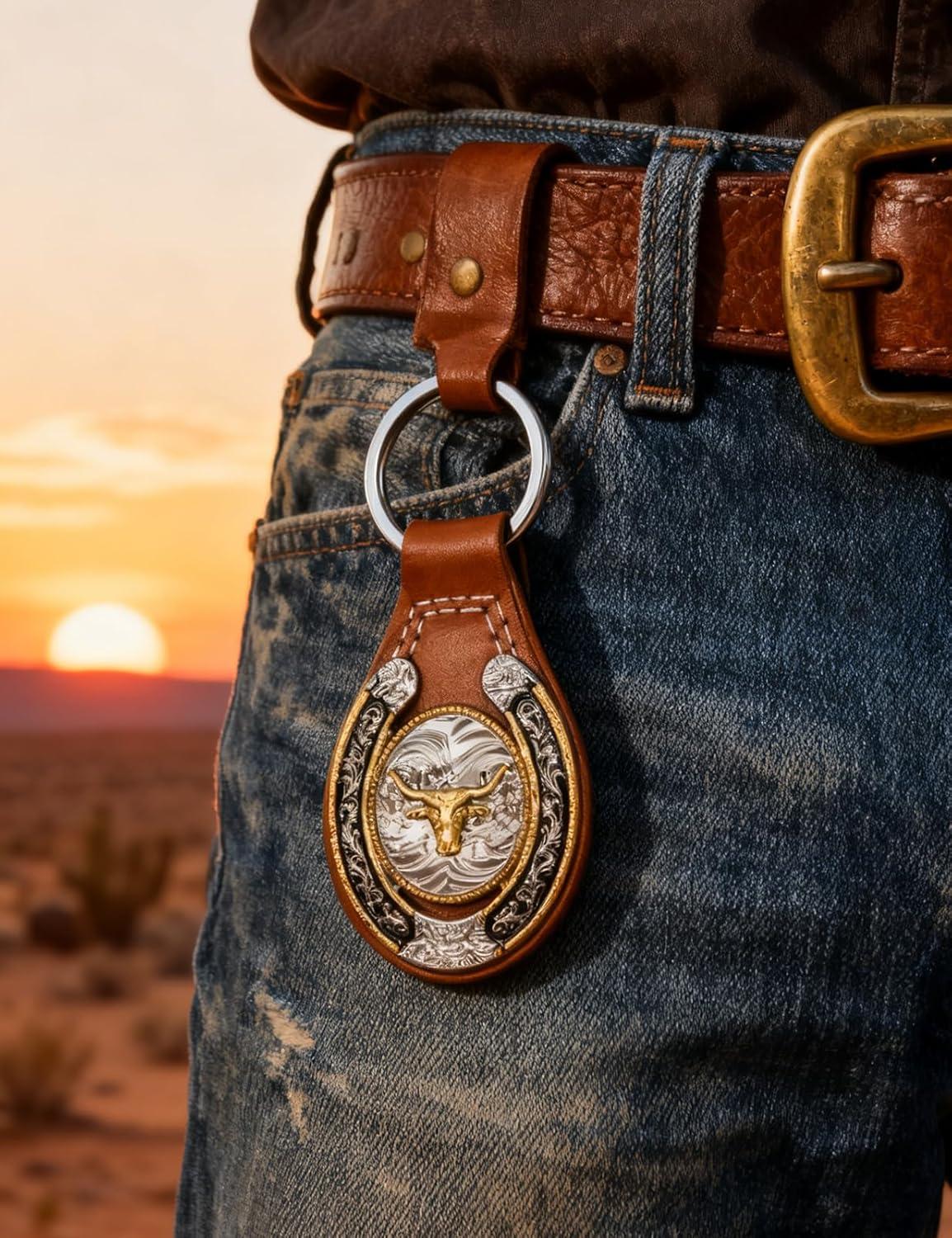 imageTOPACC Western Leather Keychain for Men Women Bag Charms Vintage Cowboy Key Rings for Western AccessoriesB Brown