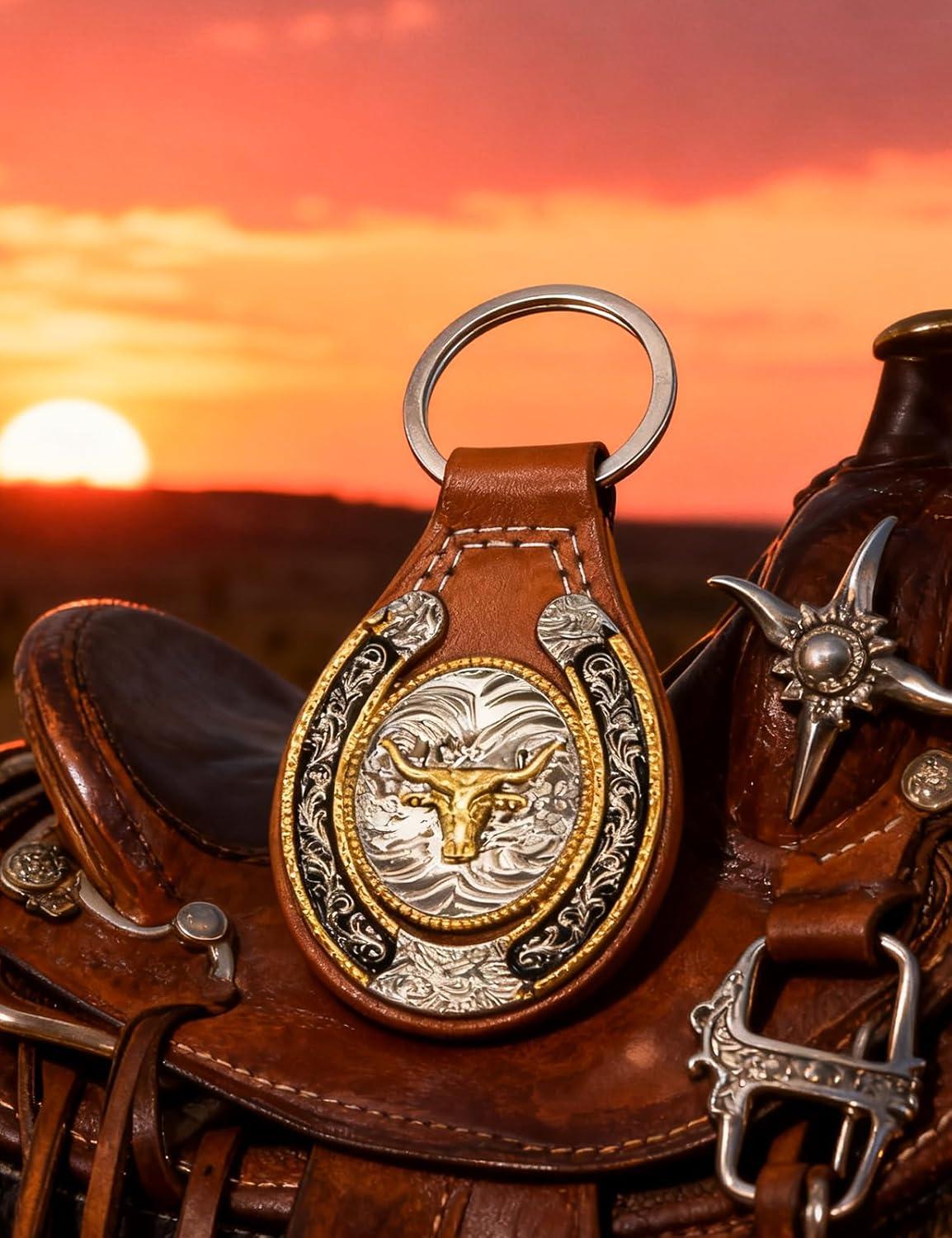 imageTOPACC Western Leather Keychain for Men Women Bag Charms Vintage Cowboy Key Rings for Western AccessoriesB Brown