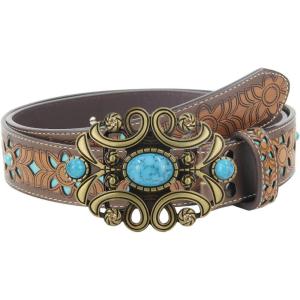imageTOPACC Western Belts for Woman Men with Western Buckle Cowboy Cowgirl Country Belt for Jeans PantsBronze Turquoise
